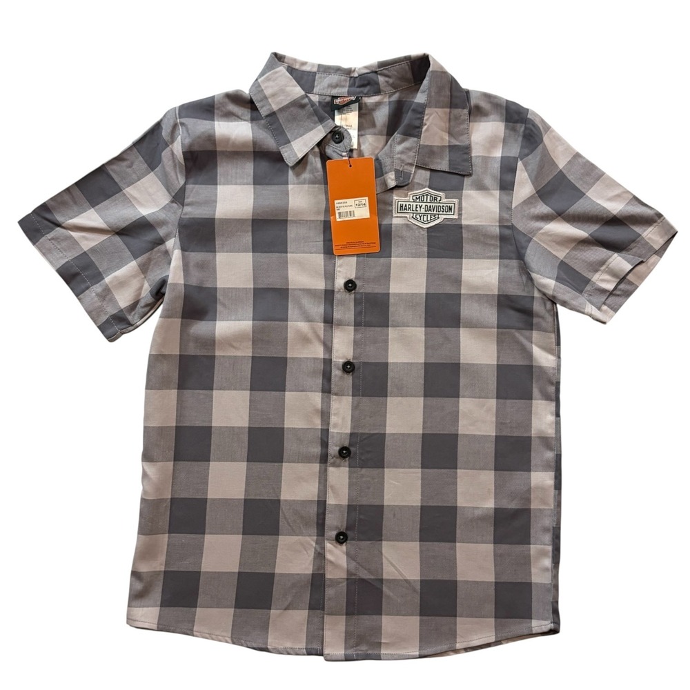 Harley Davidson Boys Plaid Button Up Shirt Gray Black Short Sleeve NWT